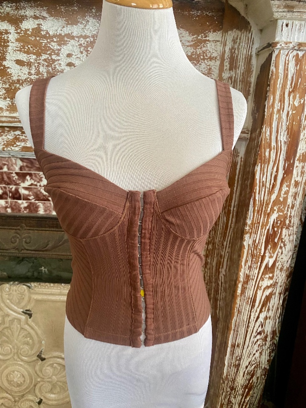 Free People Intimately Brown Ribbed Hook Front Corset Tank Top Size S